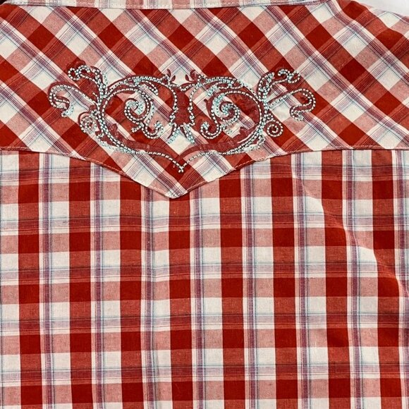 Bit & Bridle Western Plaid Short Sleeve Shirt Women's L Embroidery Pearl Snap - Picture 7 of 13